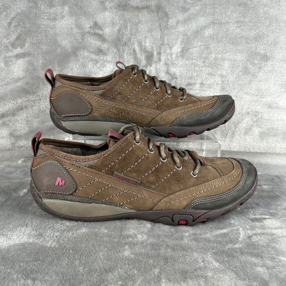 Merrell Stone Womens 8.5 Brown Suede Hiking Walking Shoes J55848 Pink Accents